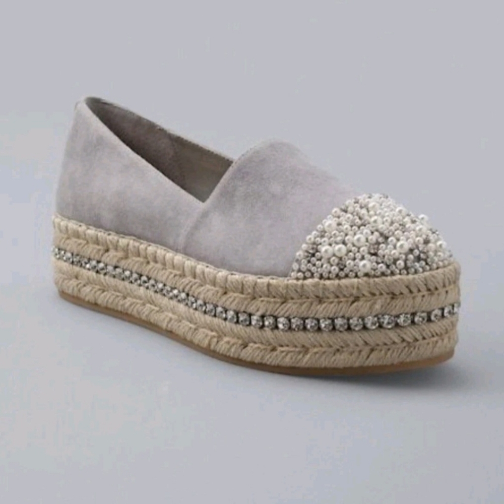 New White House Black Market Jeweled Pearl Diamond Grey Espadrille Platform 7
